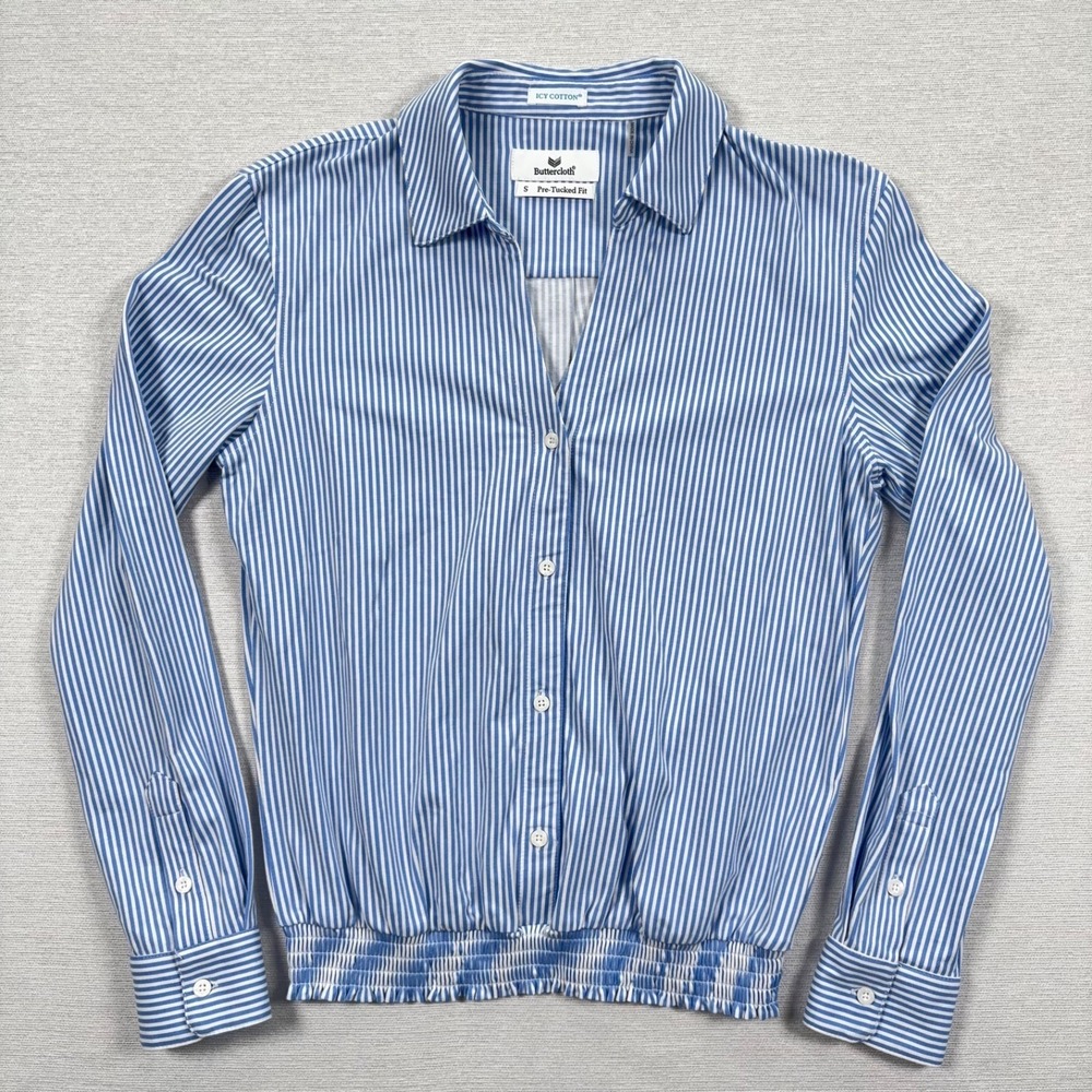 Buttercloth Shirt Womens Small Blue Striped Icy Cotton Pre-Tucked Fit Pullover